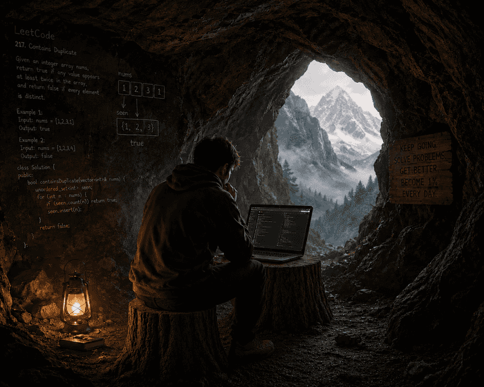 man is solving leetcode problems in cave